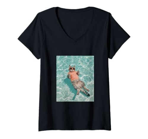Damen Süße Katze mit Sonnenbrille und Schwimmen im Pool T-Shirt mit V-Ausschnitt Damen Süße Katze mit Sonnenbrille und Schwimmen im Pool T-Shirt mit V-Ausschnitt von Cute and Summery Animal Designs