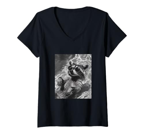 Damen Süßer Waschbär mit Sonnenbrille in einem Pool T-Shirt mit V-Ausschnitt von Cute and Summery Animal Designs