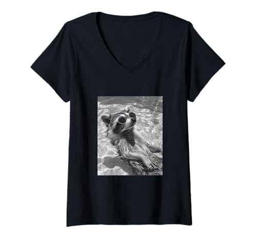 Damen Süßer Waschbär mit Sonnenbrille in einem Pool T-Shirt mit V-Ausschnitt von Cute and Summery Animal Designs