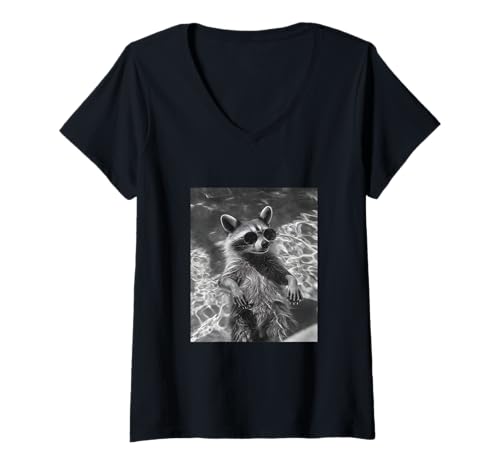 Damen Süßer Waschbär mit Sonnenbrille in einem Pool T-Shirt mit V-Ausschnitt von Cute and Summery Animal Designs