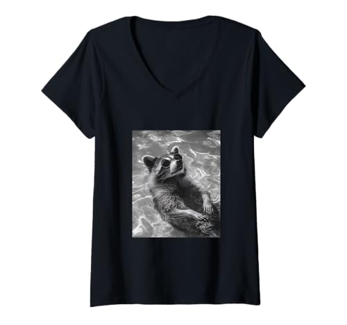 Damen Süßer Waschbär mit Sonnenbrille in einem Pool T-Shirt mit V-Ausschnitt von Cute and Summery Animal Designs
