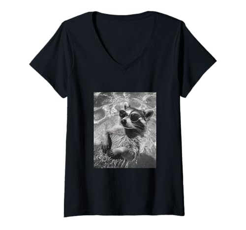 Damen Waschbär in einem Pool T-Shirt mit V-Ausschnitt Damen Waschbär in einem Pool T-Shirt mit V-Ausschnitt von Cute and Summery Animal Designs