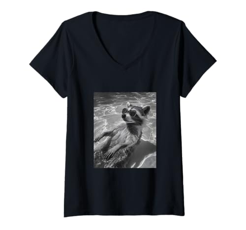 Damen Waschbär in einem Pool T-Shirt mit V-Ausschnitt Damen Waschbär in einem Pool T-Shirt mit V-Ausschnitt von Cute and Summery Animal Designs
