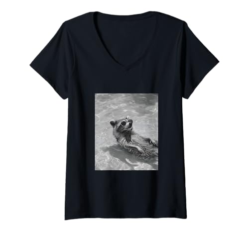 Damen Waschbär in einem Pool T-Shirt mit V-Ausschnitt von Cute and Summery Animal Designs