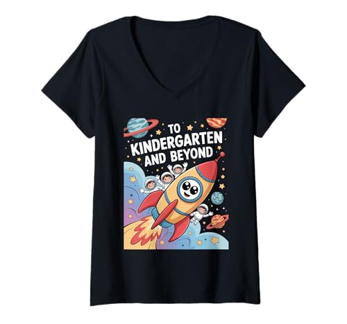 Damen Bis zum Kindergarten und darüber hinaus Space Rocket Astronaut Kids T-Shirt mit V-Ausschnitt Damen Bis zum Kindergarten und darüber hinaus Space Rocket Astronaut Kids T-Shirt mit V-Ausschnitt von Cute astronaut back to school design