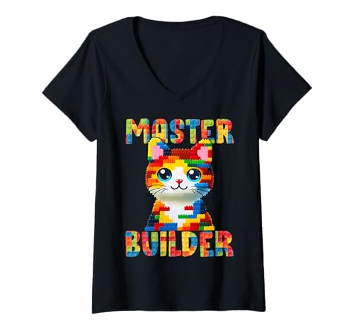 Damen Master Builder Block Building Toy Kids Girls Cat Lover T-Shirt mit V-Ausschnitt Damen Master Builder Block Building Toy Kids Girls Cat Lover T-Shirt mit V-Ausschnitt von Cute cat Graphic Block Brick Gifts
