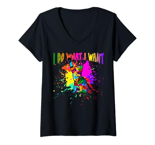 Damen I Do What I Want T-Shirt mit V-Ausschnitt Damen I Do What I Want T-Shirt mit V-Ausschnitt von Cute colorful cat with splash paint effect