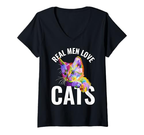 Damen Echte Männer lieben Katzen T-Shirt mit V-Ausschnitt Damen Echte Männer lieben Katzen T-Shirt mit V-Ausschnitt von Cute colorful cat with text design