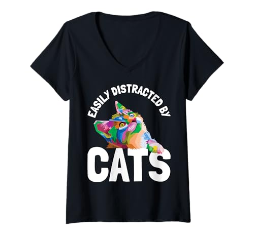 Damen Leicht von Katzen abgelenkt T-Shirt mit V-Ausschnitt Damen Leicht von Katzen abgelenkt T-Shirt mit V-Ausschnitt von Cute colorful cat with text design