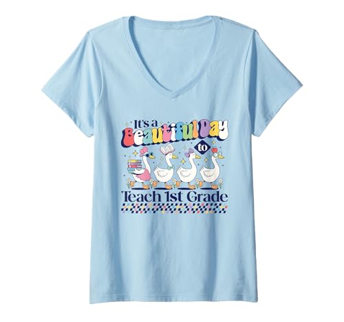 Damen Es ist EIN wunderschöner Tag, um dem Lehrer der 1. Klasse eine süße Gans beizubringen T-Shirt mit V-Ausschnitt Damen Es ist EIN wunderschöner Tag, um dem Lehrer der 1. Klasse eine süße Gans beizubringen T-Shirt mit V-Ausschnitt von Cute geese on the way to school gifts