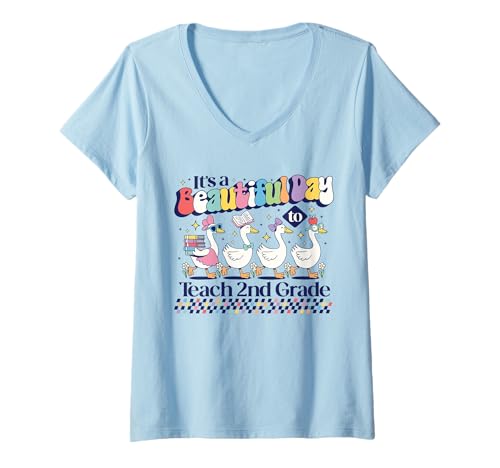 Damen Es ist EIN wunderschöner Tag, um dem Lehrer der 2. Klasse eine süße Gans beizubringen T-Shirt mit V-Ausschnitt Damen Es ist EIN wunderschöner Tag, um dem Lehrer der 2. Klasse eine süße Gans beizubringen T-Shirt mit V-Ausschnitt von Cute geese on the way to school gifts
