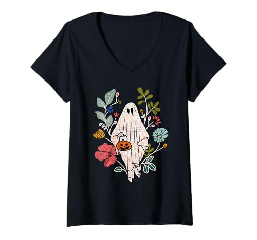 Damen Vintage Floral Ghost Cute Halloween Funny Graphic Sarkastic T-Shirt mit V-Ausschnitt Damen Vintage Floral Ghost Cute Halloween Funny Graphic Sarkastic T-Shirt mit V-Ausschnitt von Cute ghost with pumpkin funny Halloween costume