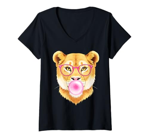 Damen Löwin Pink Bubble Gum süße Löwin für Frauen Mädchen T-Shirt mit V-Ausschnitt von Cute lioness bubblegum tees