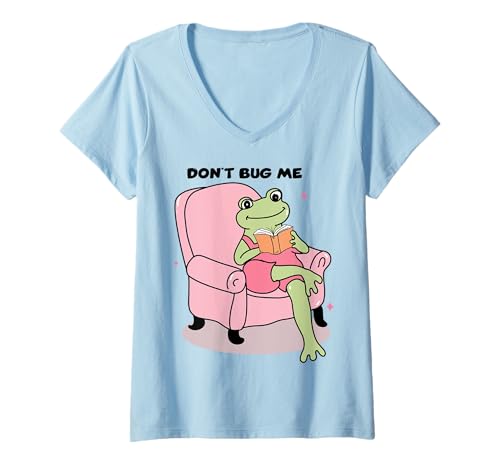 Damen Süßes Buch Frosch Don't Bug Me Reading Book Lover Kawaii T-Shirt mit V-Ausschnitt Damen Süßes Buch Frosch Don't Bug Me Reading Book Lover Kawaii T-Shirt mit V-Ausschnitt von Cute & Encouraging Book Lover Tees NYC
