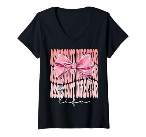 Damen Assistent Director Life Week Day for Women Pink Coquette Bow T-Shirt mit V-Ausschnitt von Cute & Funny Coquette Assistant Director
