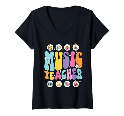Damen Musiklehrer-Team, niedlich, bunt, groovig, erster Schultag T-Shirt mit V-Ausschnitt Damen Musiklehrer-Team, niedlich, bunt, groovig, erster Schultag T-Shirt mit V-Ausschnitt von Cute & Groovy Music Educators and Music Teachers