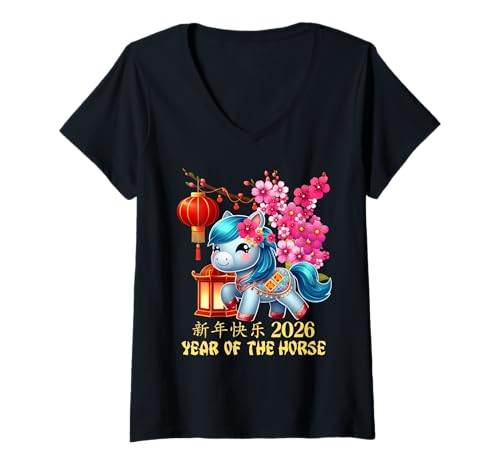 Damen Jahr des Pferdes Glücks Chinesisches Mondneujahr Sternzeichen 2026 T-Shirt mit V-Ausschnitt Damen Jahr des Pferdes Glücks Chinesisches Mondneujahr Sternzeichen 2026 T-Shirt mit V-Ausschnitt von Cute & Joyful Chinese New year and Holiday Gift