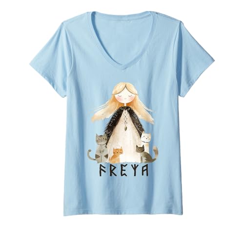 Damen Nordische Mythologie Göttin Freya Wikinger Kinder Jungen Mädchen T-Shirt mit V-Ausschnitt Damen Nordische Mythologie Göttin Freya Wikinger Kinder Jungen Mädchen T-Shirt mit V-Ausschnitt von Cute watercolour viking mythology for kids