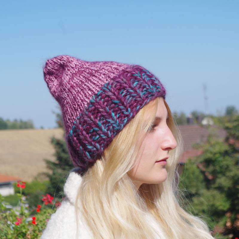 Zweifarbige Alpaka Merino Wolle Beanie Grobstrick Slouchy Mütze von CuteAndFelted