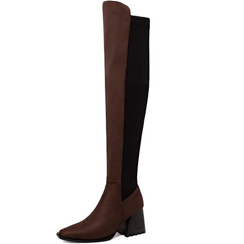 CuteFlats Bequemer Overknee-/Schenkelstiefel für Damen mit Blockabsatz und Eckiger Zehenpartie (Braun, 41) von CuteFlats