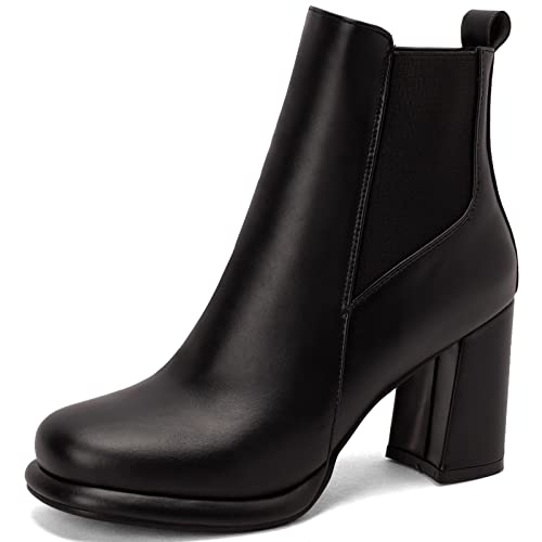 CuteFlats Damen Casual Chunky Heel Chelsea Stiefeletten mit Reißverschluss und Quadratischer Zehe (Schwarz,44) von CuteFlats