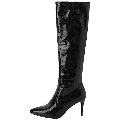 CuteFlats Damen Casual Kniehohe Stiefel mit Stiletto und Spitzer Zehe für Partys (Schwarz, 45) von CuteFlats