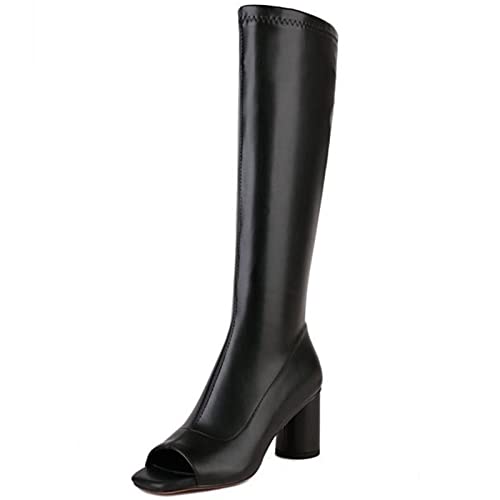 CuteFlats Damen Comfort Peep Toe Kniehohe Stiefel mit Seitlichen Reißverschlüssen und Blockabsatz (Pu Schwarz 7CM, 44) von CuteFlats