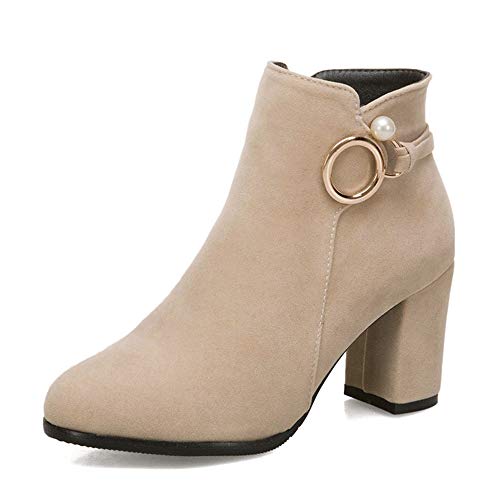 CuteFlats Damen Dress Kurzschaft Stiefel Hochzeit Blockabsatz Stiefeletten (Beige, 33 EU) von CuteFlats