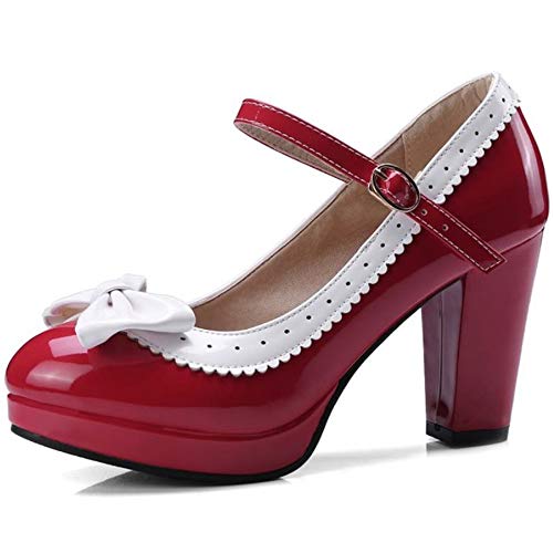 CuteFlats Damen Elegant Bogen Pumps Blockabsatz Plateau Schuhe (Rot, 37 EU) von CuteFlats