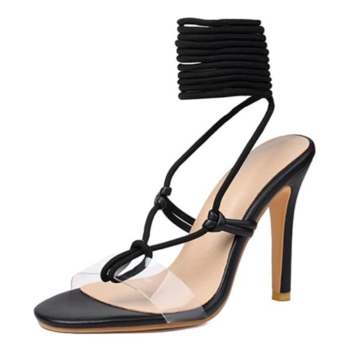 CuteFlats Damen High Heel Sandaletten mit Kreuzbändern Zehenfreie Stilettoabsatz Sandalen für Festliche Anlässe & Dates (Schwarz, 40 EU) von CuteFlats