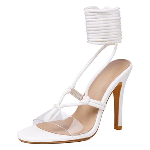 CuteFlats Damen High Heel Sandaletten mit Kreuzbändern Zehenfreie Stilettoabsatz Sandalen für Festliche Anlässe & Dates (Weiß, 42 EU) von CuteFlats