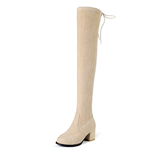 CuteFlats Damen Klassischer Blockabsatz Over Knee Stiefel (Beige, 39 EU) von CuteFlats