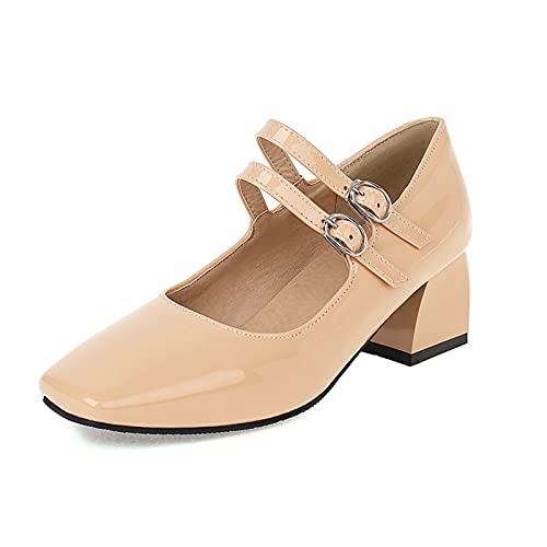 CuteFlats Damen Komfort Mid Blockabsatz Mary Jane mit Square Toe (Aprikose, 40) von CuteFlats