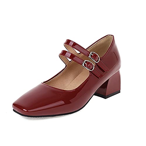 CuteFlats Damen Komfort Mid Blockabsatz Mary Jane mit Square Toe (Rot, 38) von CuteFlats