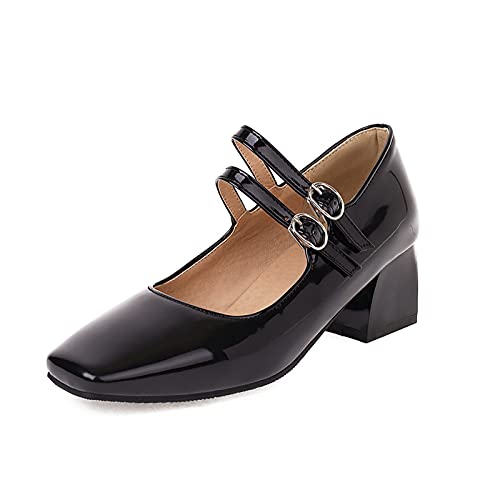 CuteFlats Damen Komfort Mid Blockabsatz Mary Jane mit Square Toe (Schwarz, 37) von CuteFlats