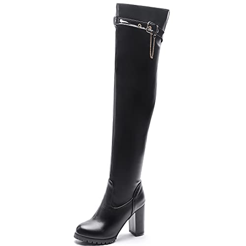 CuteFlats Damen Overknee/Kniehohe Stiefel mit Runder Zehenpartie und Blockabsatz(Schwarz, 48EU) von CuteFlats