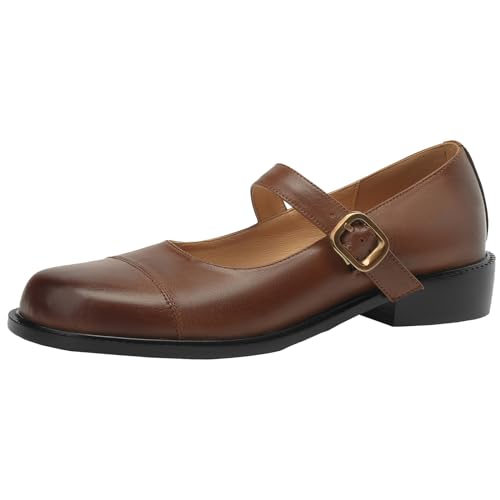 CuteFlats Damen Rindsleder Mary Janes/Uniformschuhe mit Runder Spitze (Braun, 39) von CuteFlats