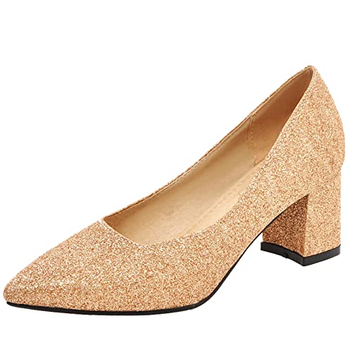 CuteFlats Damen Slip-On Blockabsätze Pumps mit Spitzen Zehen für Business/Office (Gold, 33) von CuteFlats