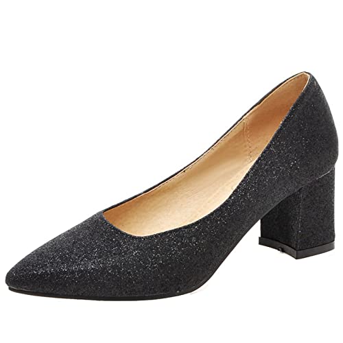 CuteFlats Damen Slip-On Blockabsätze Pumps mit Spitzen Zehen für Business/Office (Schwarz, 44) von CuteFlats