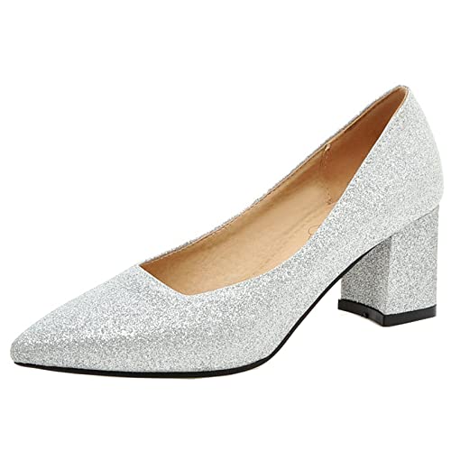 CuteFlats Damen Slip-On Blockabsätze Pumps mit Spitzen Zehen für Business/Office (Silber, 39) von CuteFlats