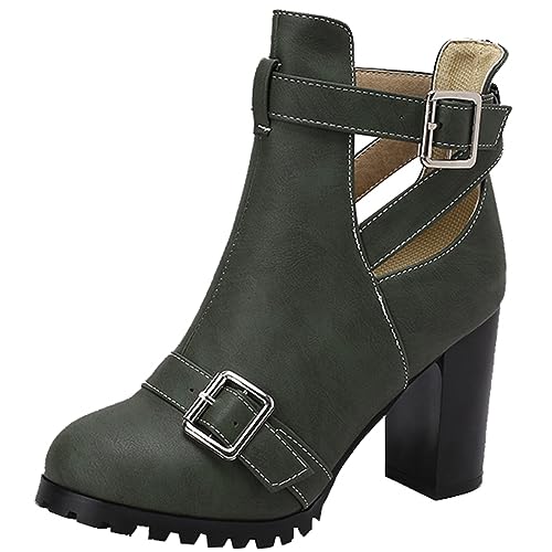 CuteFlats Damen Sommer Mode Hollow Stiefeletten mit Runder Spitze und Blockabsatz (Grün, 42) von CuteFlats