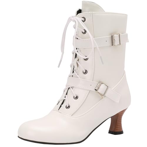 CuteFlats Damen Stiefeletten mit Runder Spitze und Blockabsatz, Schnürstiefeletten mit Seitlichem Reißverschluss (Weiß, 40) von CuteFlats