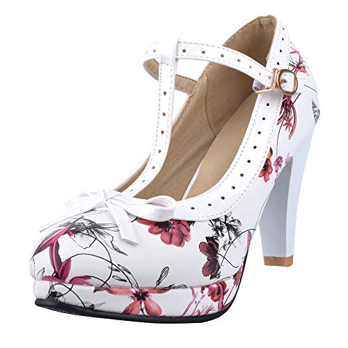 CuteFlats Damen Süß T-Strap Bogen Pumps mit Blockabsatz (Flower, 39 EU) von CuteFlats