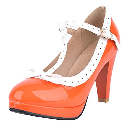 CuteFlats Damen Süß T-Strap Bogen Pumps mit Blockabsatz (Orange, 41 EU) von CuteFlats