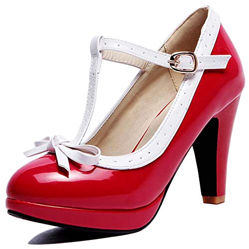 CuteFlats Damen Süß T-Strap Bogen Pumps mit Blockabsatz (Rot, 39 EU) von CuteFlats