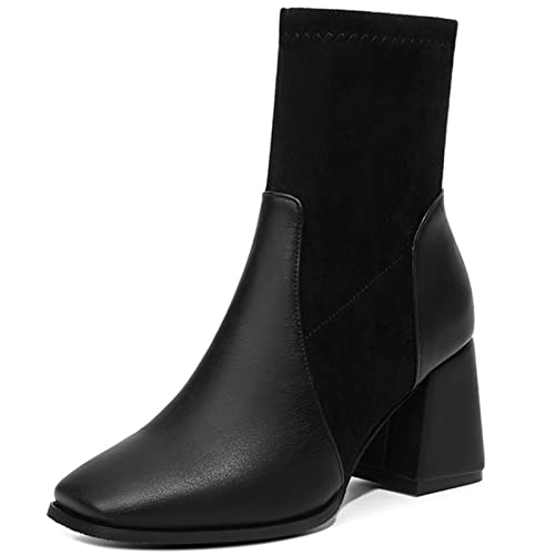 CuteFlats Damen Warme Slip-on Socke Stiefeletten mit Chunky Absatz und Quadratischer Zehe (Schwarz,39) von CuteFlats