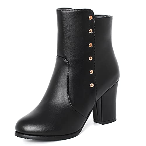 CuteFlats Freizeit-Stiefeletten mit Blockabsatz und Runder Zehenpartie für Damen (Pu Schwarz, 40) von CuteFlats