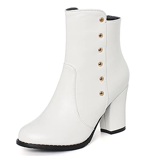 CuteFlats Freizeit-Stiefeletten mit Blockabsatz und Runder Zehenpartie für Damen (Pu Weiß, 35) von CuteFlats