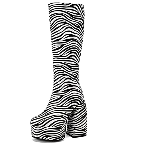 CuteFlats Kniehohe Damenmode-Stiefel mit Superhohen Blockabsätzen und Runder Spitze (Zebra-Muster, 40) von CuteFlats