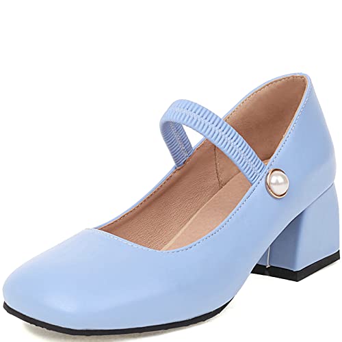 CuteFlats Lässige Mary-Janes-Pumps mit Absatz für Damen mit Blockabsatz und Eckiger Zehenpartie für Verabredungen/Partys (Blau, 37 EU) von CuteFlats